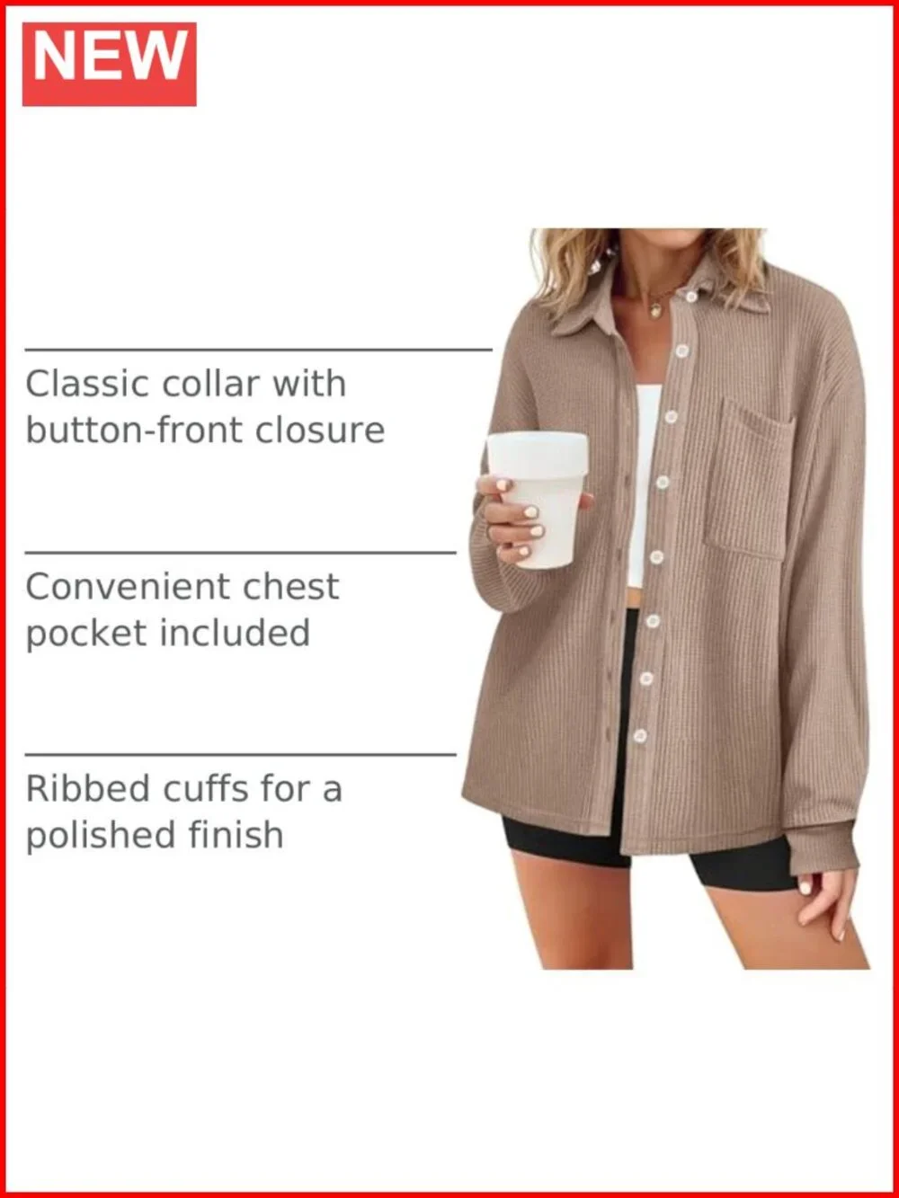 Waffle Knit Button Down Shirt Long Sleeve Loose Fit Collared Blouse